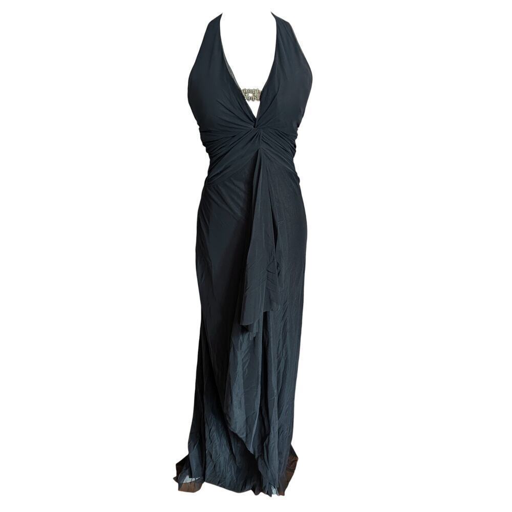 Vintage Y2K Caché Black Backless Formal Dress Rhinestone Halter Gown Prom Hoco